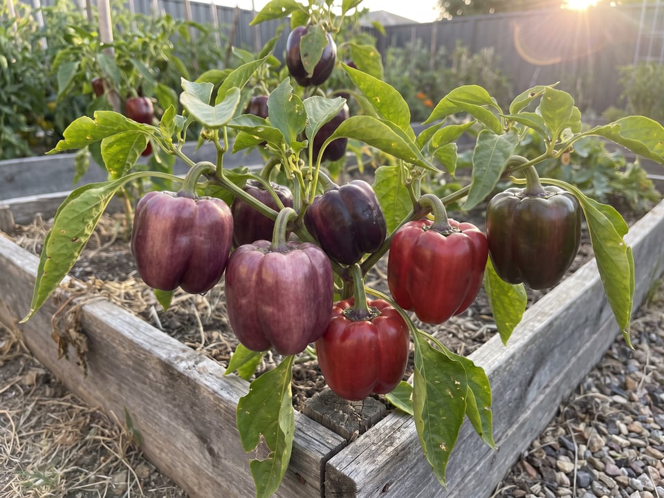 Ripe Lilac Bell pepper pods on the plant