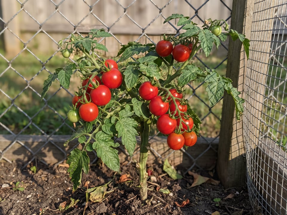 Little Bing tomato plant in a garden bed with ripe fruit on the vine