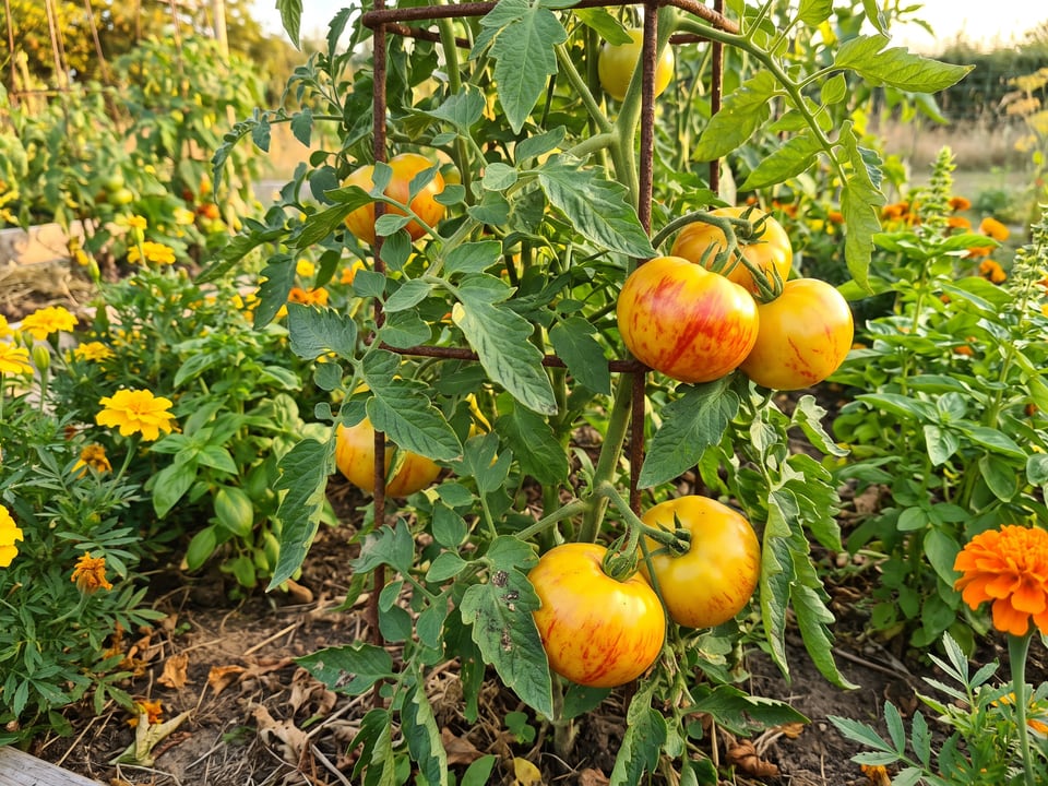 Long Keeper tomato plant in a garden bed with ripe fruit on the vine