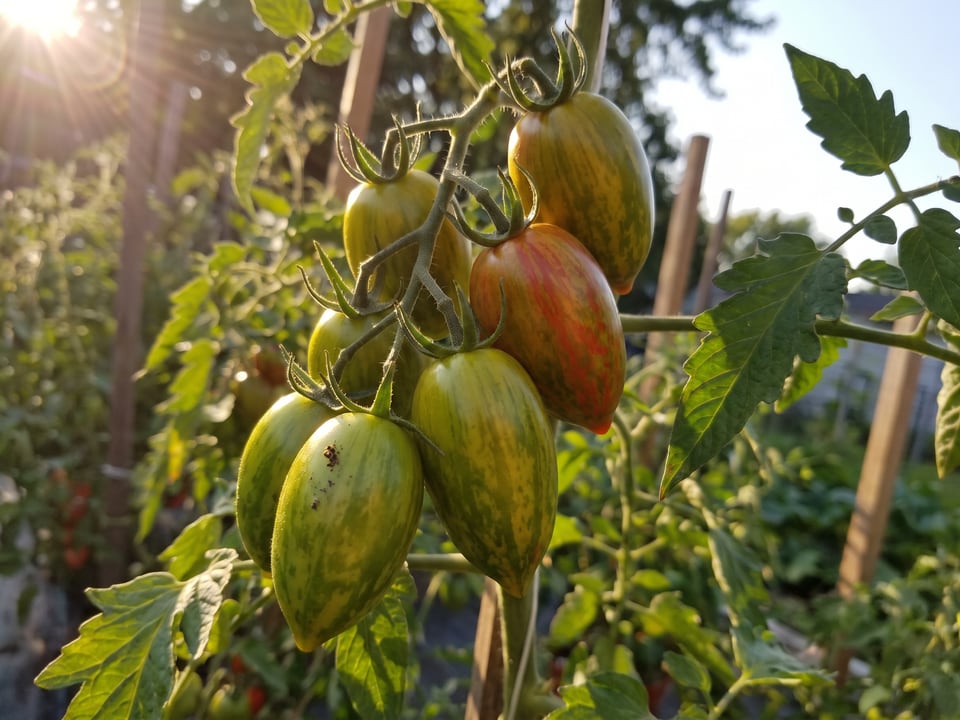 A truss of Lucky Tiger tomatoes