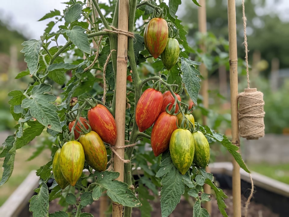 Lucky Tiger tomato plant in a garden bed with ripe fruit on the vine