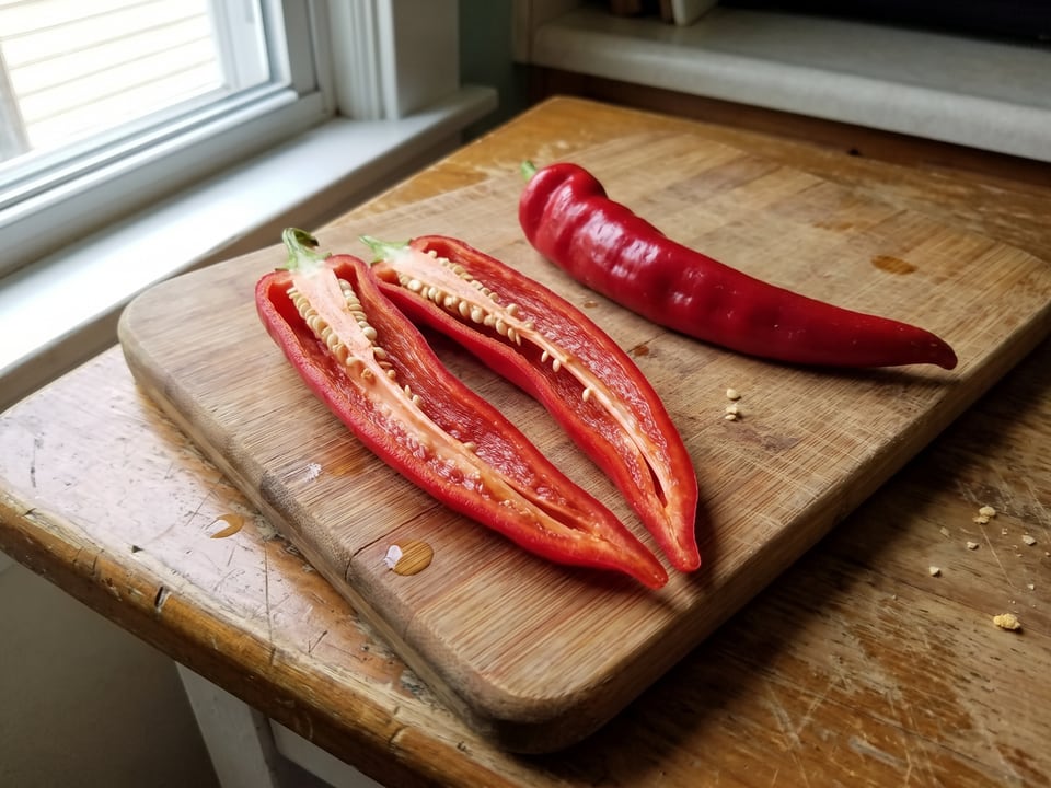 A Marconi Red pepper cut open lengthwise beside a whole pod, showing the wall and seed cavity