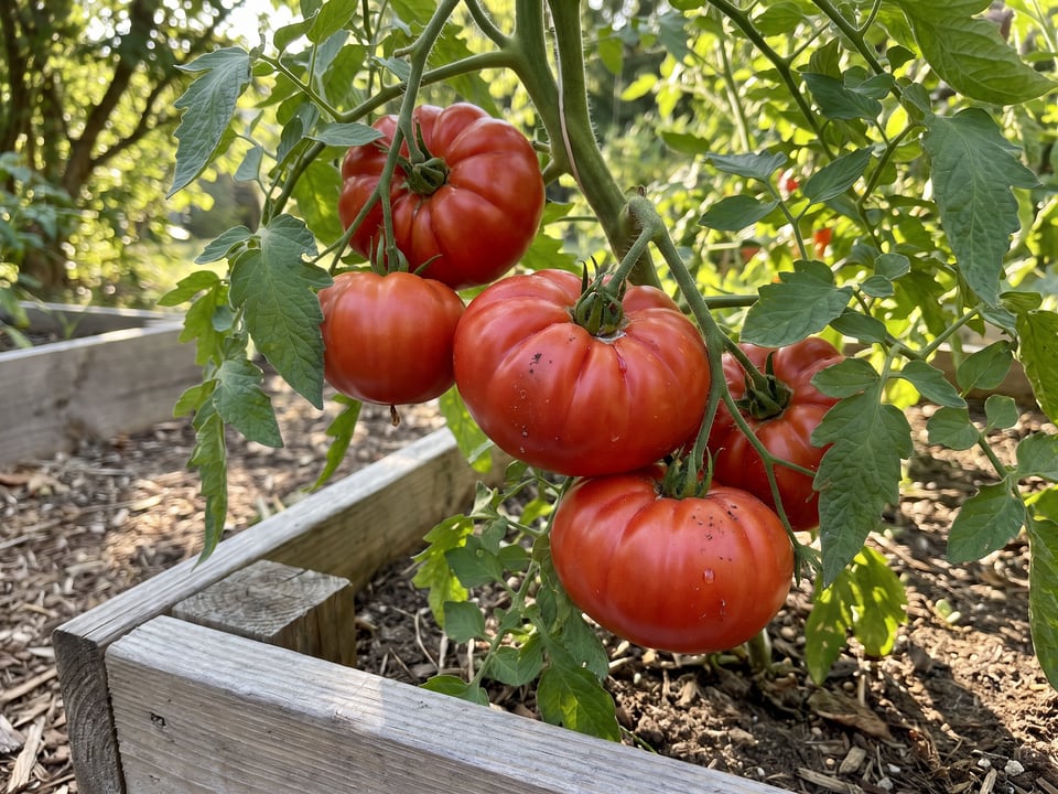 Marmande tomato plant in a garden bed with ripe fruit on the vine