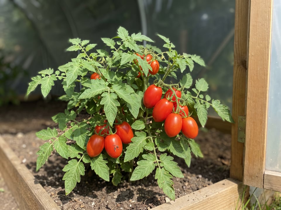 Martino's Roma tomatoes ripening on the vine under cover