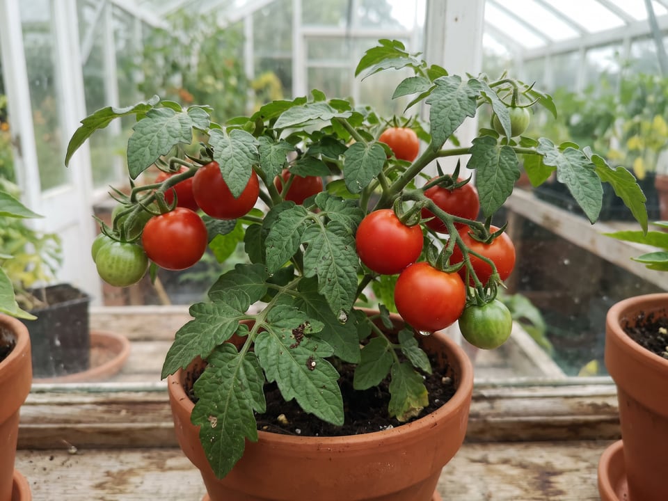 Micro Tom tomatoes ripening on the vine under cover