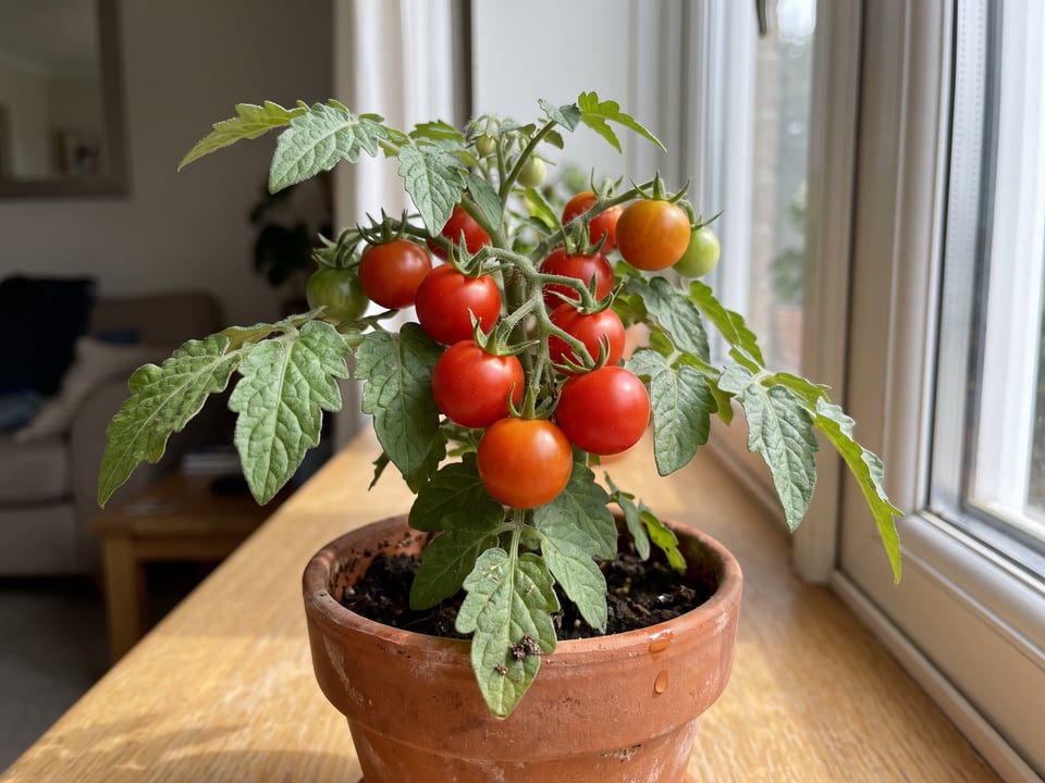 Micro Tom tomato plant in a garden bed with ripe fruit on the vine