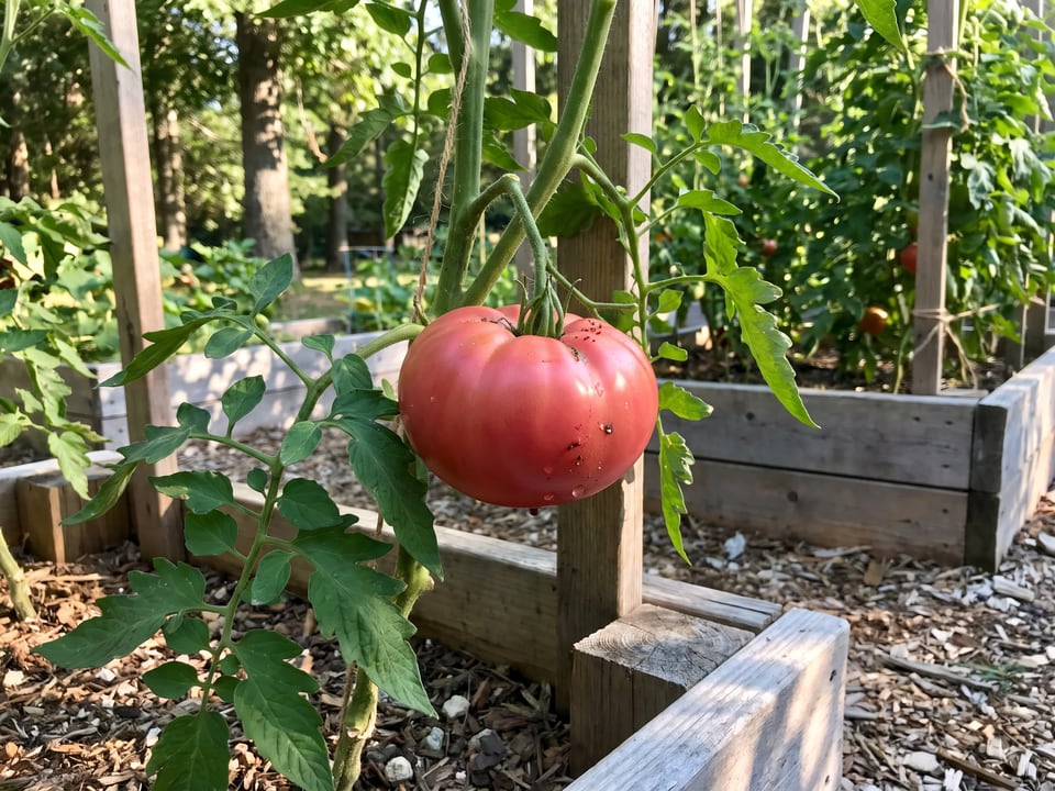 Mortgage Lifter tomato plant in a garden bed with ripe fruit on the vine