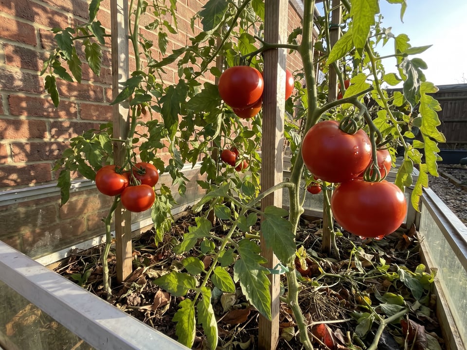 Mountain Magic tomatoes ripening on the vine under cover