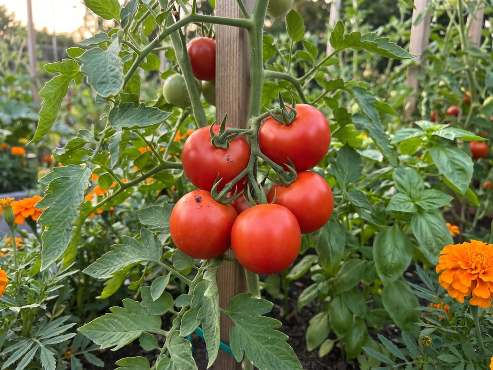 Mountain Magic tomato plant in a garden bed with ripe fruit on the vine