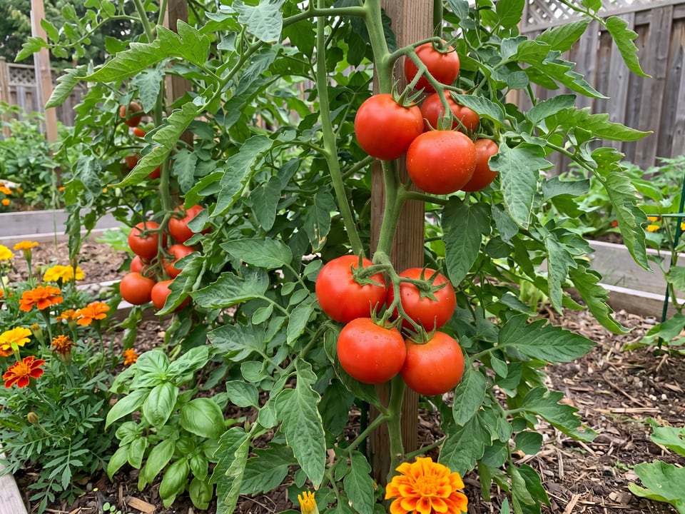 Mountain Magic tomato plant heavy with fruit in a garden bed
