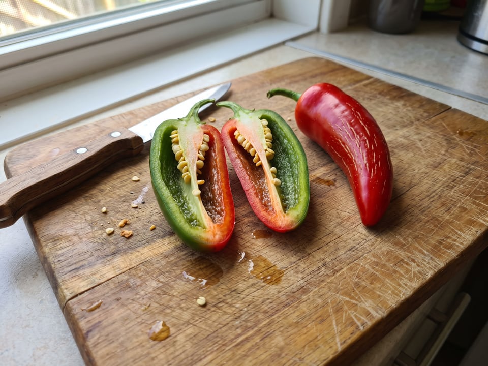 A Mucho Nacho pepper cut open lengthwise beside a whole pod, showing the wall and seed cavity