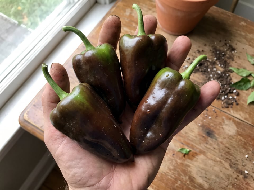 A ripe Mulato Isleño pepper pod held in a gardener's hand