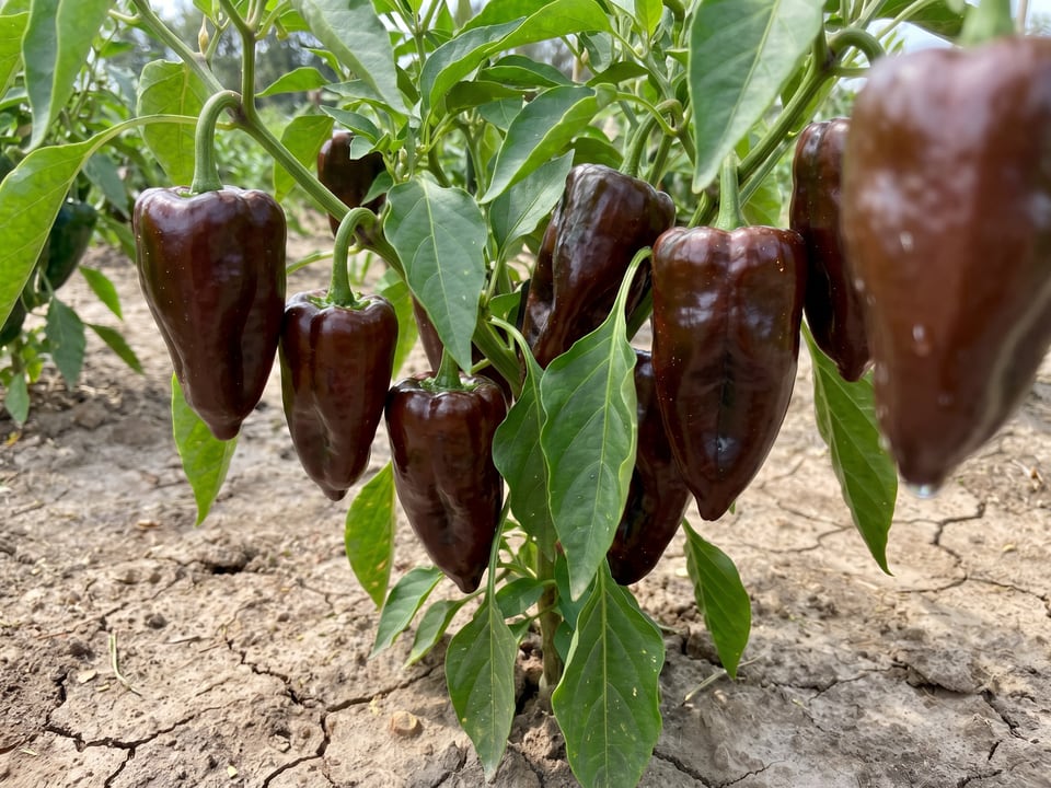 Ripe Mulato Isleño pepper pods on the plant