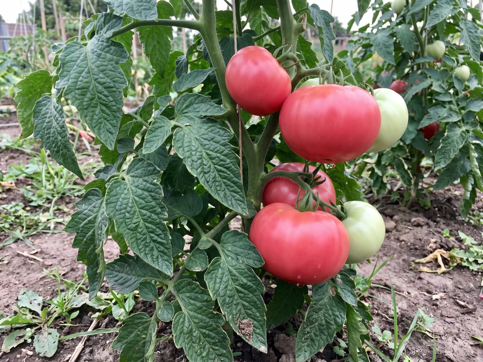New Big Dwarf tomato plant in a garden bed with ripe fruit on the vine