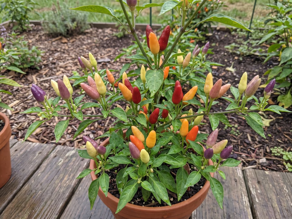 Ripe NuMex Twilight pepper pods on the plant