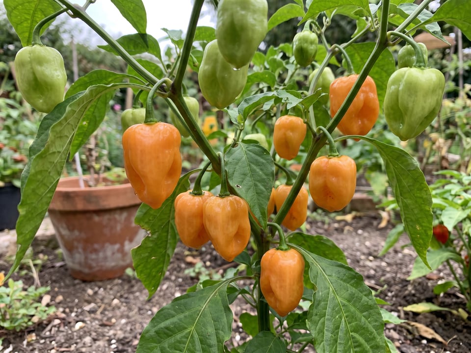 Ripe Orange Habanero pepper pods on the plant