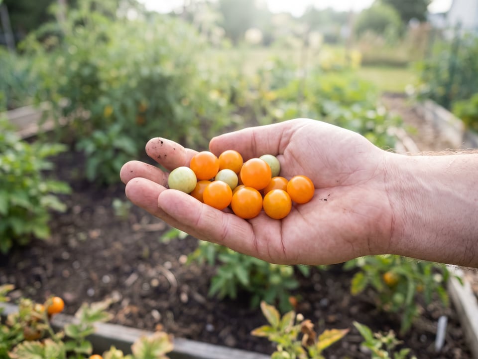 A ripe Orange Hat tomato held in a gardener's hand