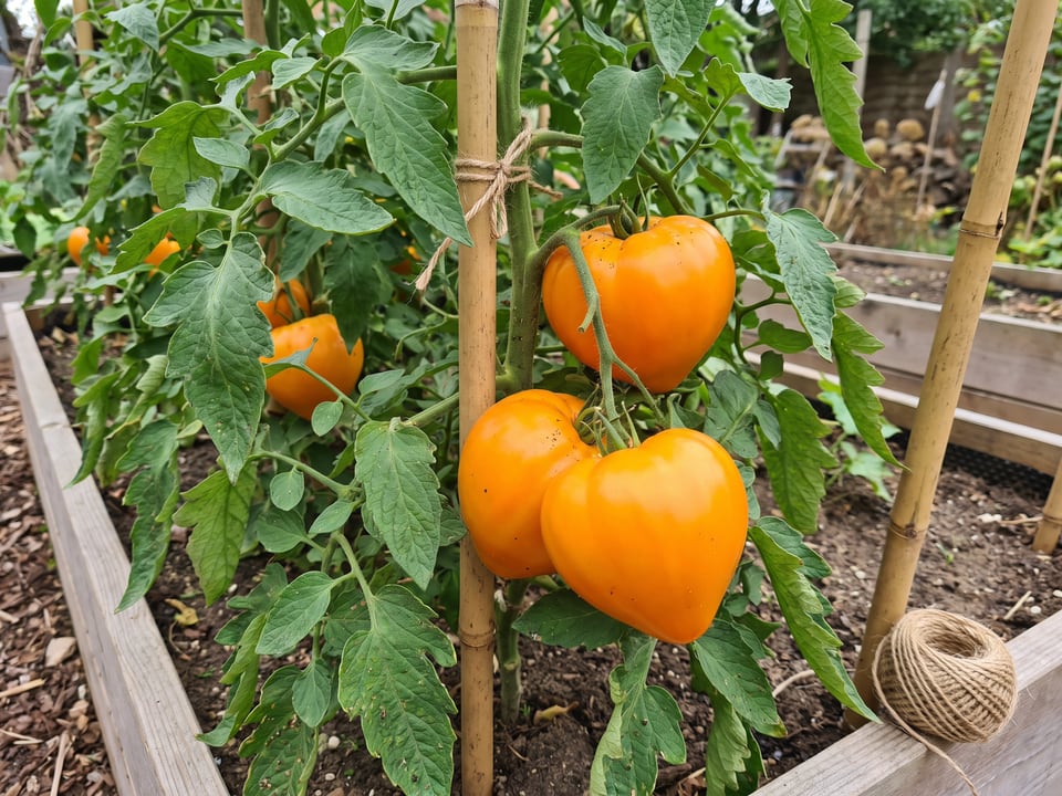 Orange Strawberry tomato plant in a garden bed with ripe fruit on the vine