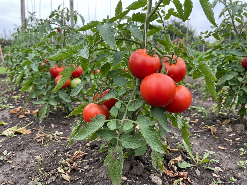 Oregon Spring tomato plant in a garden bed with ripe fruit on the vine