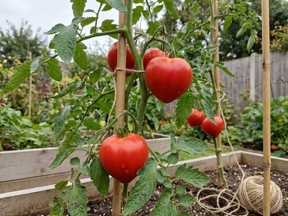 Oxheart tomato plant in a garden bed with ripe fruit on the vine