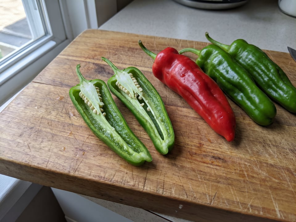 A Padron pepper cut open lengthwise beside a whole pod, showing the wall and seed cavity