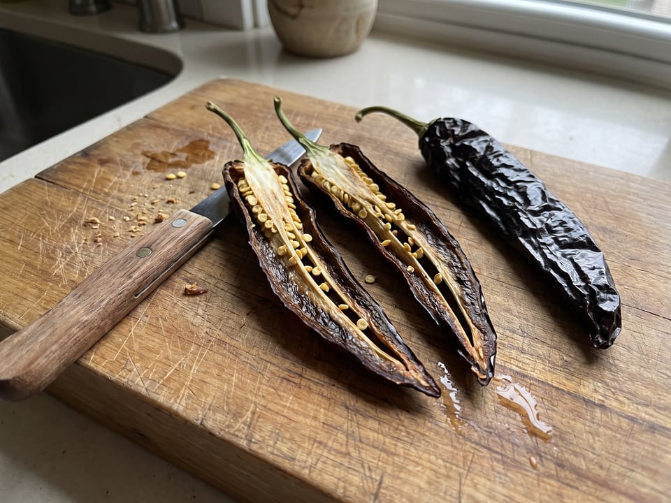 A Pasilla Bajio pepper cut open lengthwise beside a whole pod, showing the wall and seed cavity