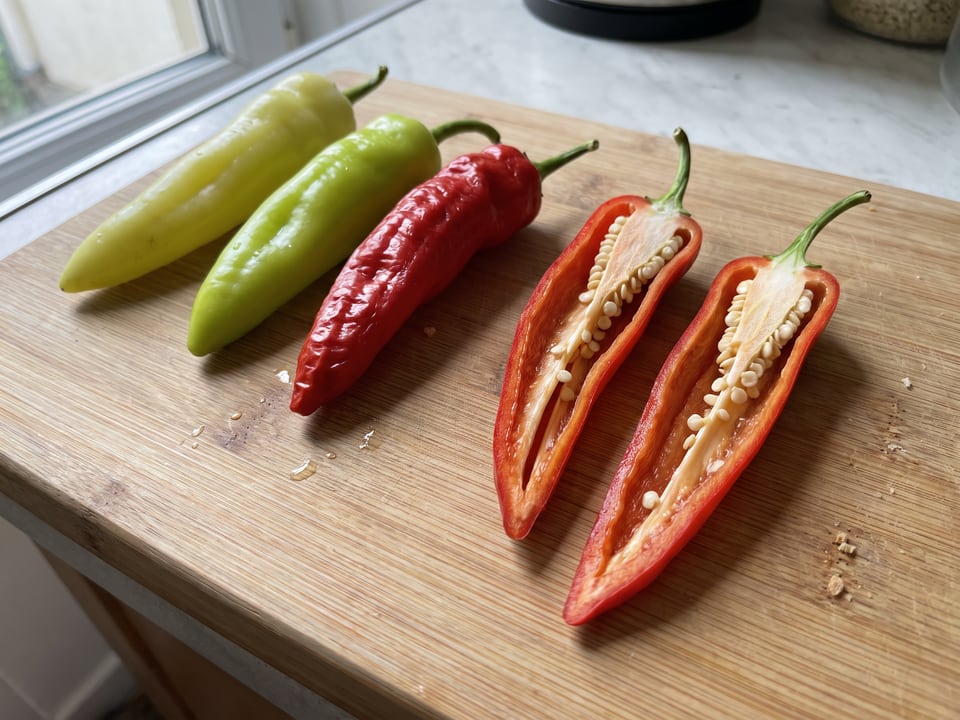 A Pepperoncini pepper cut open lengthwise beside a whole pod, showing the wall and seed cavity