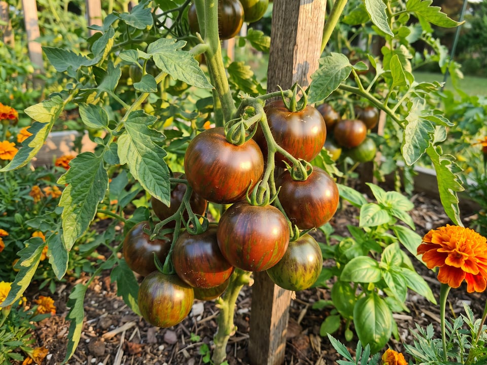 Pink Boar tomato plant in a garden bed with ripe fruit on the vine
