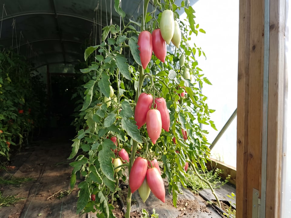 Pink Fang tomatoes ripening on the vine under cover