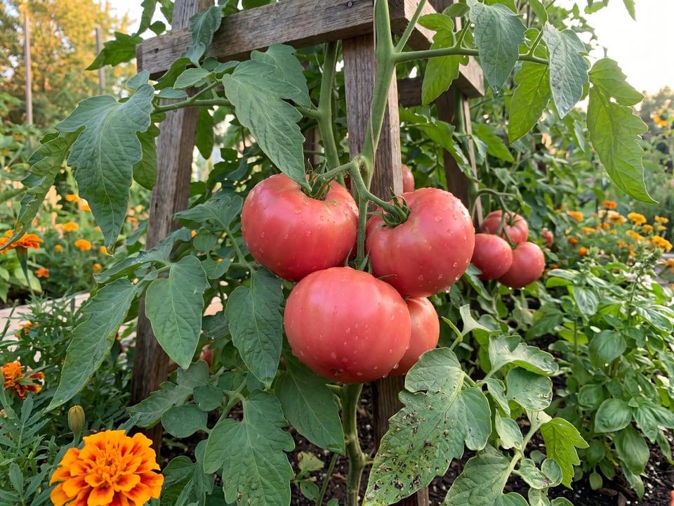 Pruden's Purple tomato plant in a garden bed with ripe fruit on the vine