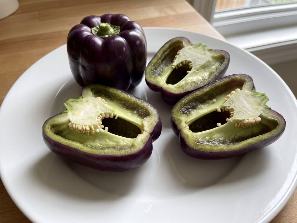 A Purple Beauty pepper cut open lengthwise beside a whole pod, showing the wall and seed cavity