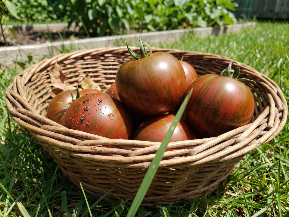 Freshly picked Purple Zebra tomatoes