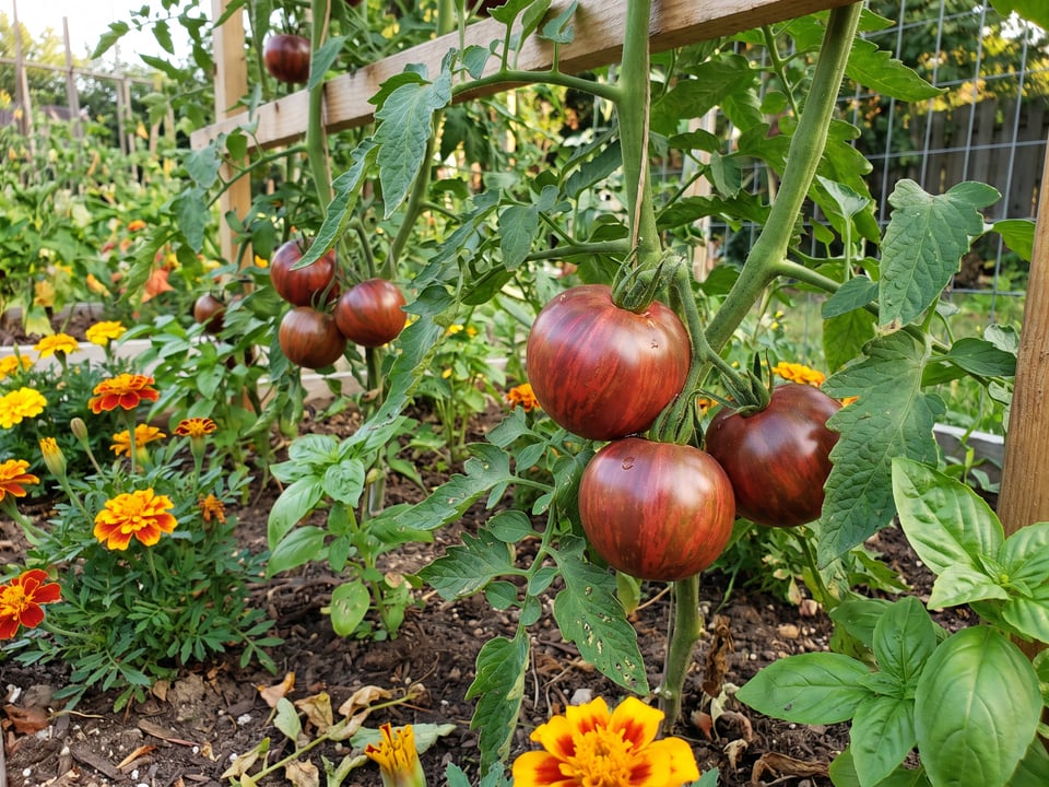 Purple Zebra tomato plant in a garden bed with ripe fruit on the vine