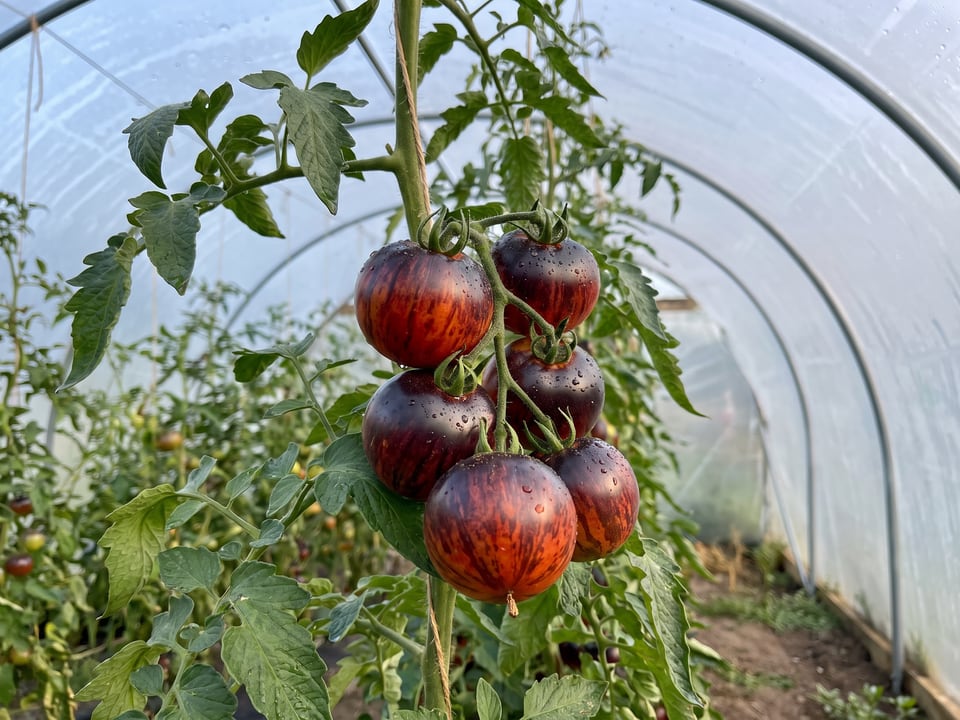 Queen of the Night tomatoes ripening on the vine under cover
