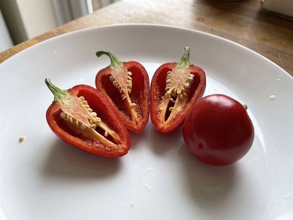 A Red Cherry Sweet pepper cut open lengthwise beside a whole pod, showing the wall and seed cavity