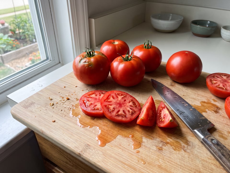 Red Deuce tomato sliced in the kitchen