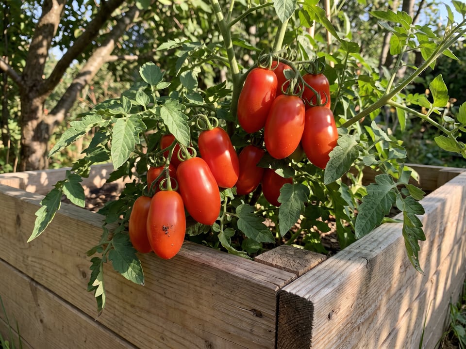Roma tomato plant in a garden bed with ripe fruit on the vine