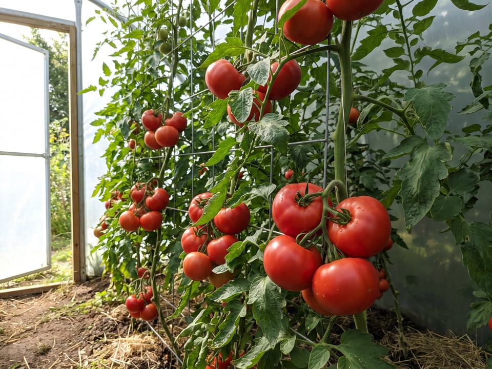 Rutgers tomatoes ripening on the vine under cover