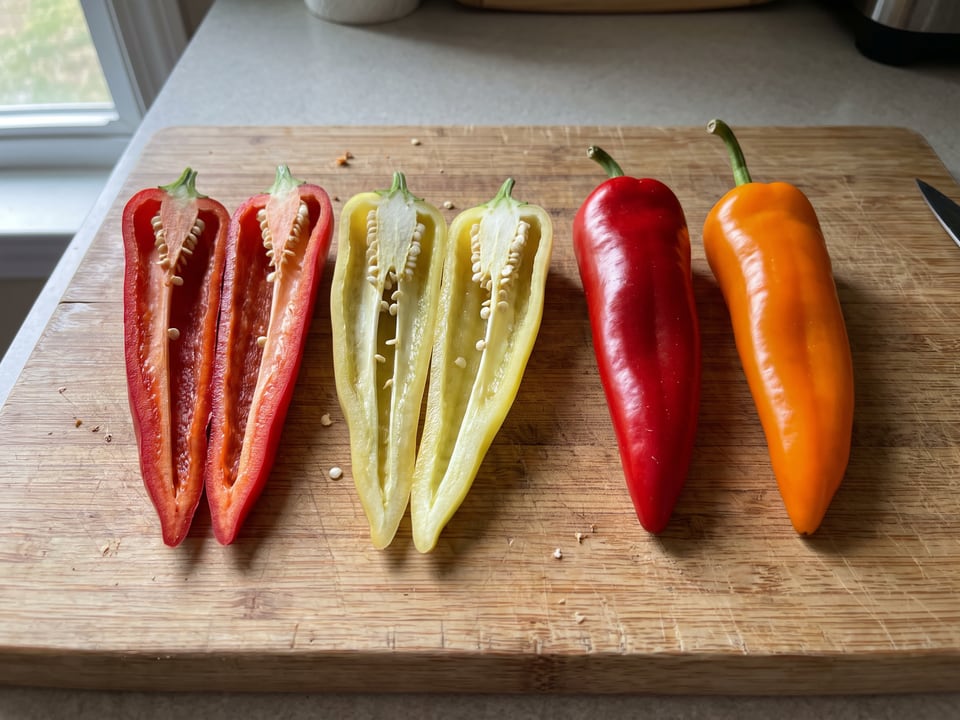 A Santa Fe Grande pepper cut open lengthwise beside a whole pod, showing the wall and seed cavity