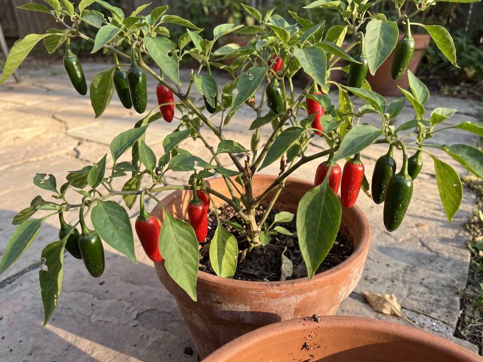 Serrano Tampiqueño pepper plant with ripe pods