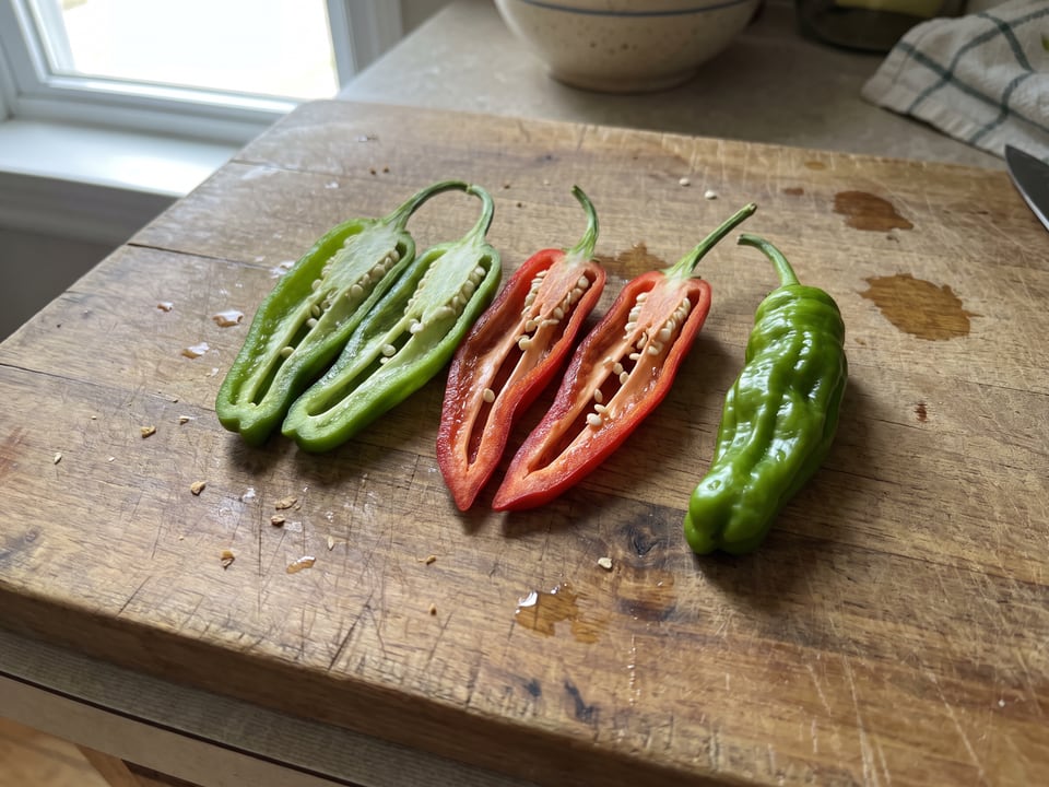 A Shishito pepper cut open lengthwise beside a whole pod, showing the wall and seed cavity