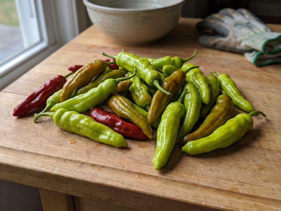 Freshly picked Shishito peppers