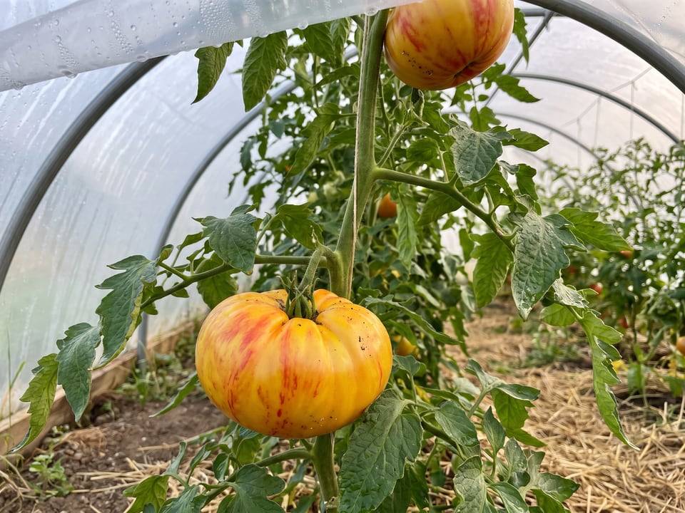 Striped German tomatoes ripening on the vine under cover