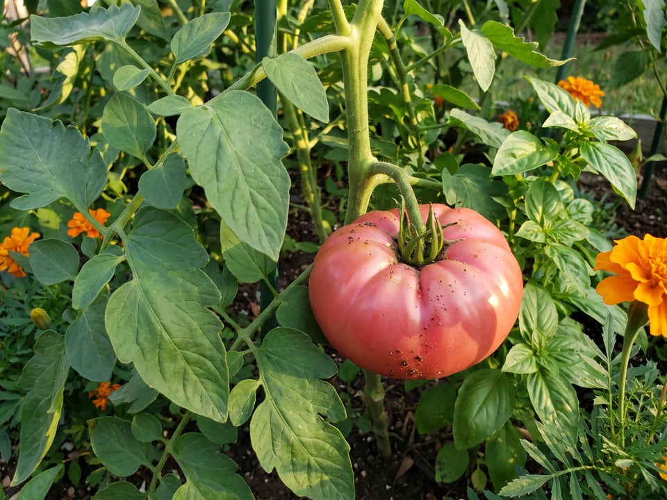 Stump of the World tomato plant in a garden bed with ripe fruit on the vine