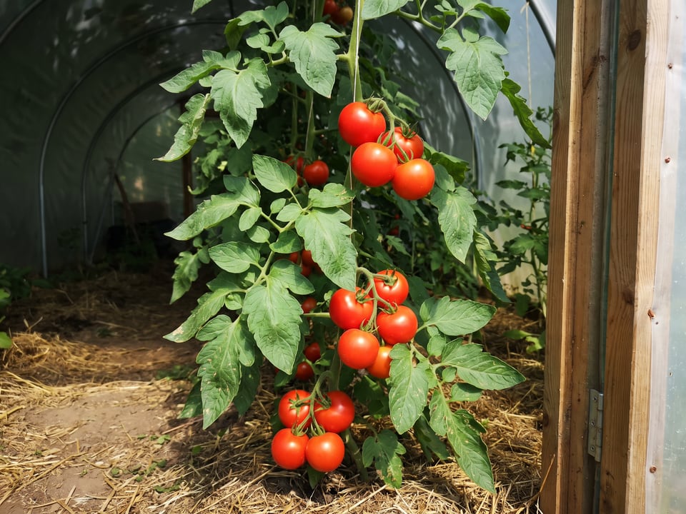 Stupice tomatoes ripening on the vine under cover