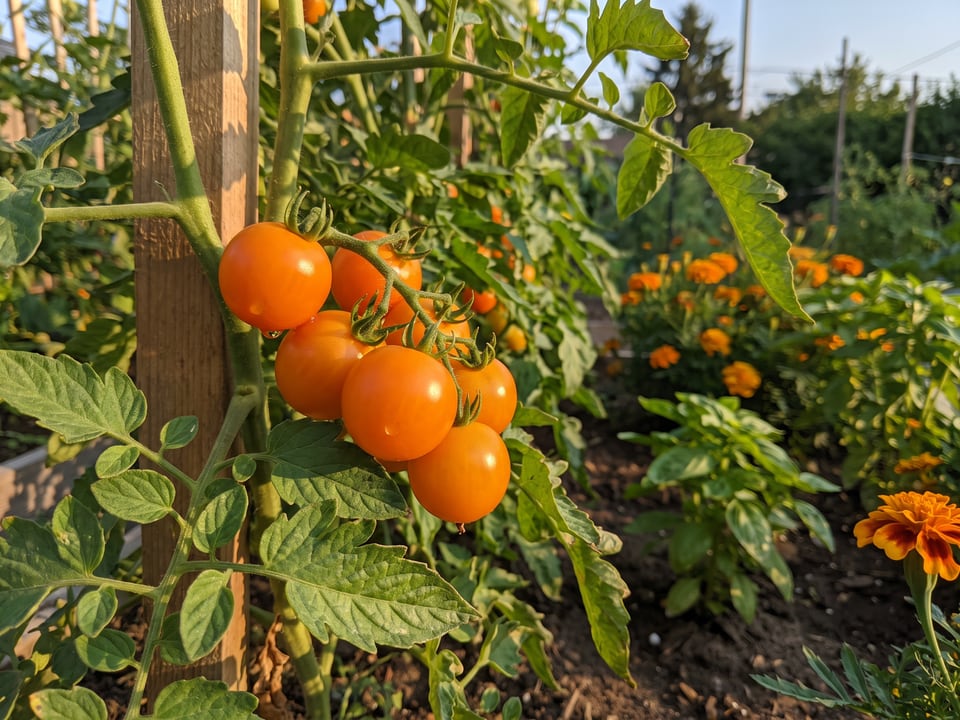 Sun Sugar tomato plant in a garden bed with ripe fruit on the vine