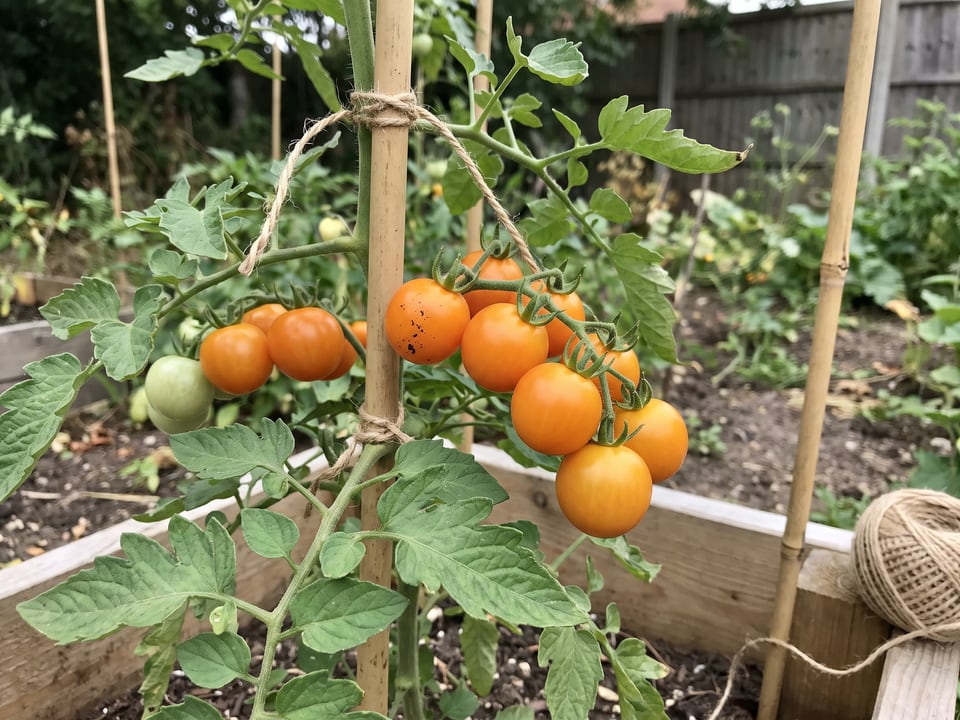 Sungold tomato plant in a garden bed with ripe fruit on the vine