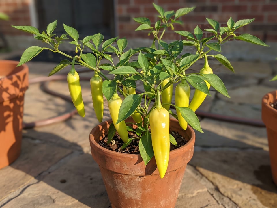 Sweet Banana pepper plant with ripe pods