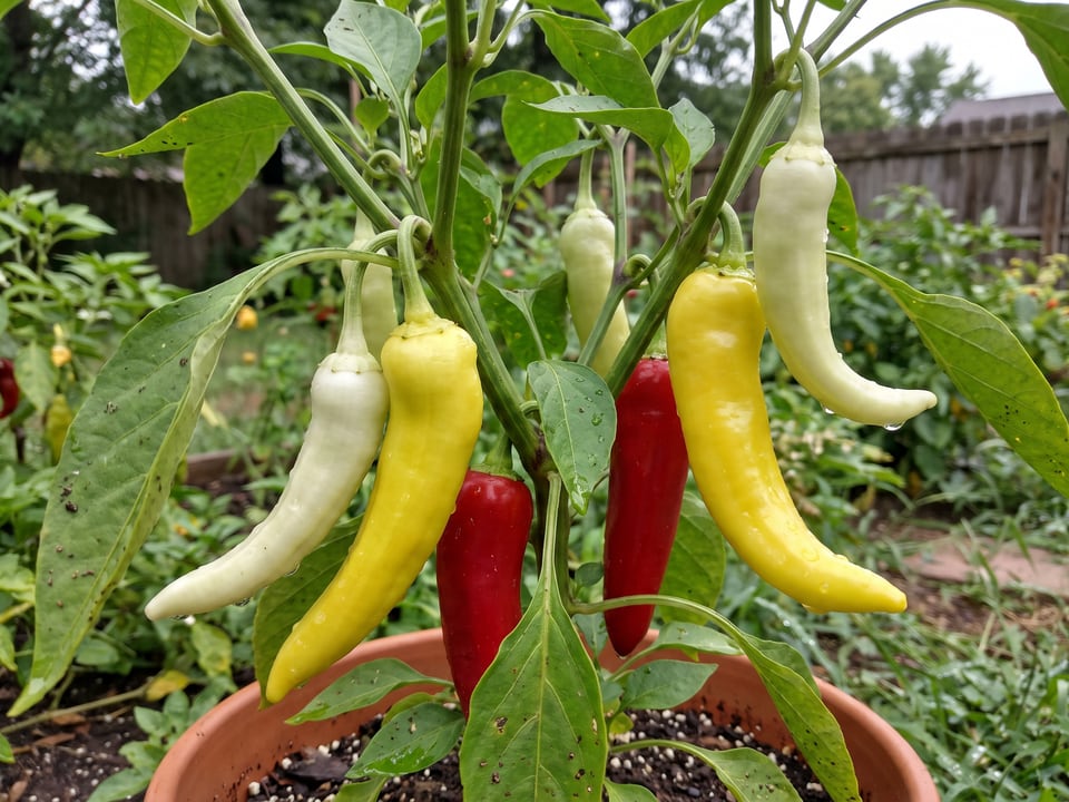 Ripe Sweet Banana pepper pods on the plant