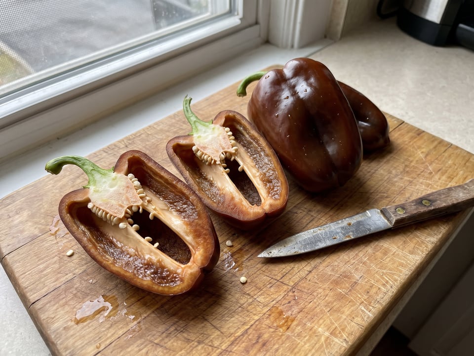 A Sweet Chocolate pepper cut open lengthwise beside a whole pod, showing the wall and seed cavity